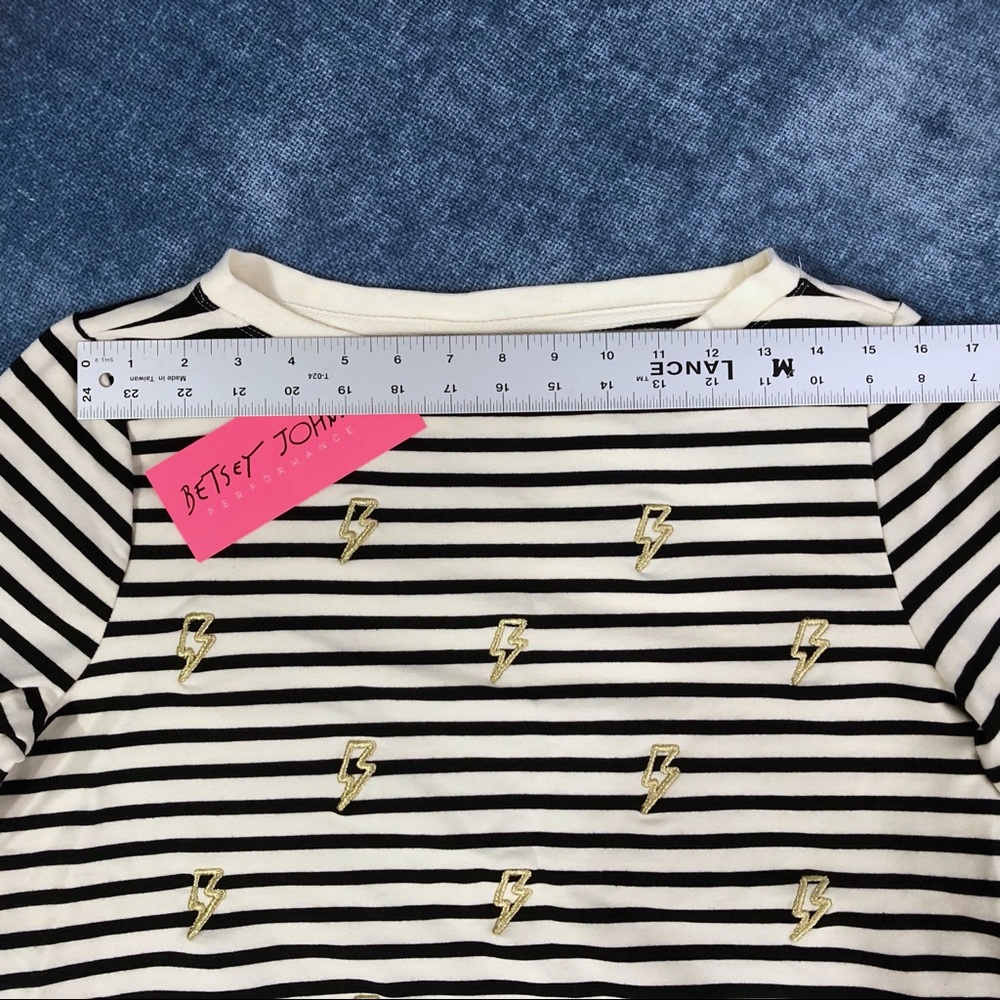 🔥 Betsey Johnson Gold Lighting Top Black Stripes - Picture 7 of 14